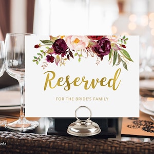 Burgundy Reserved Sign, Wedding Reserved Table Sign, Reserved Card Template, Marsala Wedding Reserved Sign, Templett, #A025