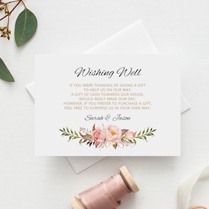 Plantilla de tarjeta de pozo de deseos de boda, tarjeta de pozo de deseos imprimible, pozo de deseos floral, inserto de boda Boho Chic, Templett, #A008