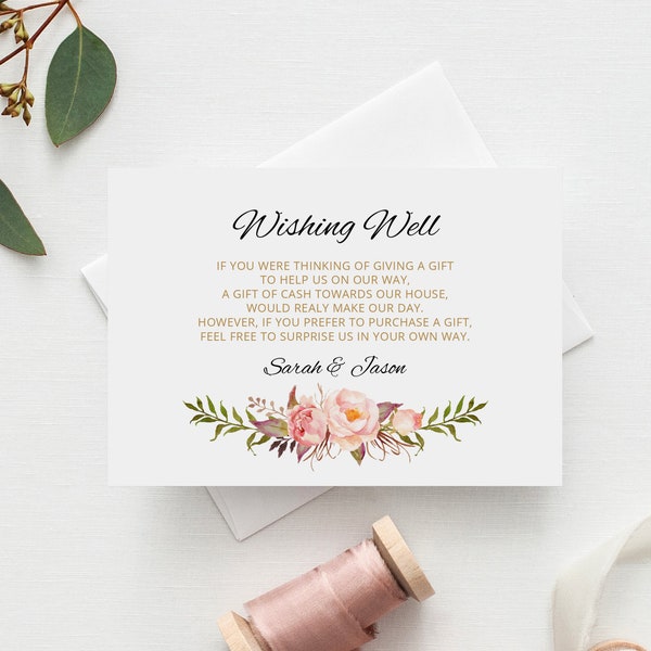 Wedding Wishing Well Card Template, Printable Wishing Well Card, Floral Wishing Well, Boho Chic Wedding Insert, Templett, #A008