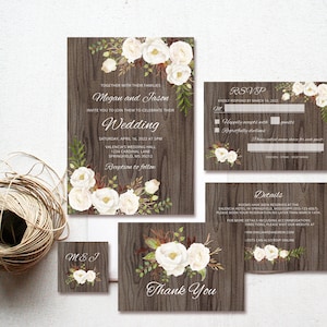 Rustic Wedding Invitation, White Floral Wedding Invitations, Wedding Invitation Set, White Flowers Wedding, Templett, #A052