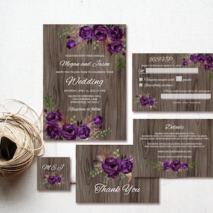 Eggplant Wedding Invitation, Rustic Floral Wedding Invitations, Purple Wedding Invitation Set, Templett, #A044
