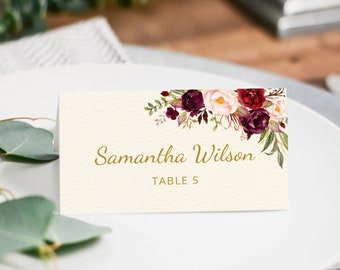 Ivory Wedding Place Card Template, Printable Place Card, Seating Card, Wedding Escort Cards, Burgundy Wedding Place Cards, Templett, #A062