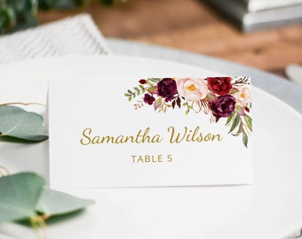 Burgundy Wedding Place Card Template, Printable Place Card, Seating Card, Wedding Escort Cards, Marsala Place Cards, Templett, #A025