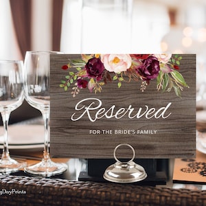 Rustic Wedding Reserved Sign Printable, Burgundy Wedding Reserved Table Sign, Marsala Sign, Templett, #A090