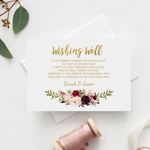 Plantilla de tarjeta de pozo de deseos de boda de Borgoña, tarjeta de pozo de deseos imprimible, pozo de deseos de boda de Marsala, Boho Chic, Templett, #A025