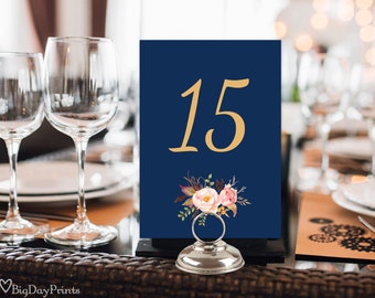 Wedding Table Numbers, Navy Floral Table Numbers, Printable Wedding Table Numbers, Boho Chic, 5"x7" Jpeg and PDF, Instant Download, #A011