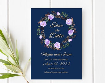 Navy and Purple Wedding Save the Date Template, Purple Floral Wedding Save the Date, Save the Date Printable, Templett, #A021