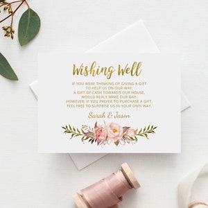 Modelo de cartão de casamento Blush Wishing Well, cartão de desejo para impressão, floral Wish Well, Boho Chic, Templett, #A010