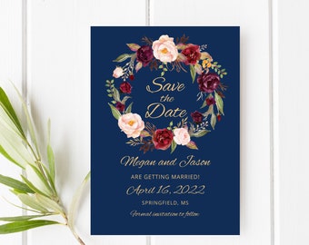 Navy Save the Date Template, Floral Wedding Save the Date, Blue Save the Date Printable, Templett, #A033