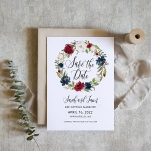 Burgundy Navy White Wedding Save the Date Template, Floral Wedding Save the Date, Templett, #A121