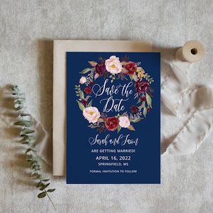 Navy Wedding Save the Date Template, Floral Wedding Save the Date, Burgundy Save the Date Printable, Templett, #A105
