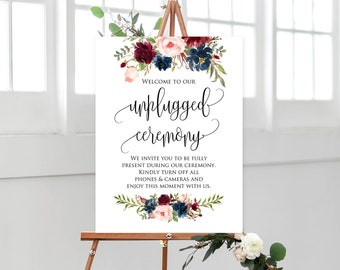 Unplugged Ceremony Sign, Burgundy Unplugged Wedding Sign, Not Your Devices Sign, Floral Wedding Sign, Instant Download, 5 sizes, #A102