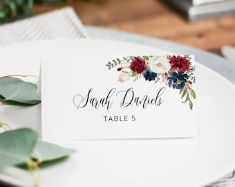 #A121 Printable Place Card Templett Burgundy Navy White Wedding Place Card Template Red Blue White Wedding Place Cards Seating Cards