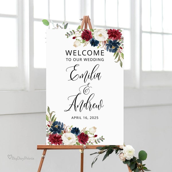 Burgundy Navy Wedding Welcome Sign Template, Printable Wedding Reception Sign, Templett, #A121