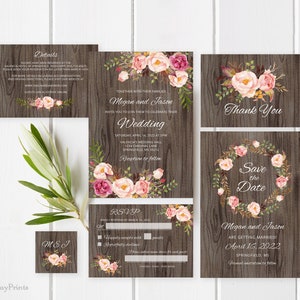 Rustic Wedding Invitation Template, Floral Wedding Invitations, Blush Pink Wedding Invitation, Templett, #A060