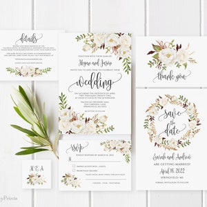 Floral Wedding Invitation Template, White Wedding Invitation Suite, Bohemian Wedding Set, White Flowers, Templett, #A074