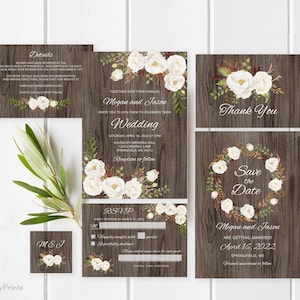 Rustic Wedding Invitation, Floral Wood Wedding Invitations, Wedding Invitation Set, White Flowers Wedding Invitation, Templett, #A052