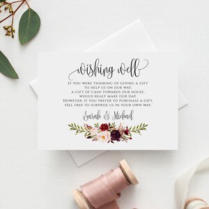 Burgundy Wedding Wishing Well Card Template, Printable Wishing Well Card, Floral Wishing Well, Marsala Wedding Cards, Templett, #A047