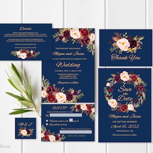 Navy Wedding Invitation Template, Navy Burgundy Wedding Invitation Suite, Floral Wedding Set, Navy Gold Wedding Invitation, Templett, A033