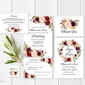 Burgundy Wedding Invitation Template, Boho Chic Wedding Invitation Suite, Marsala Wedding Invitation Set, Templett, #A023