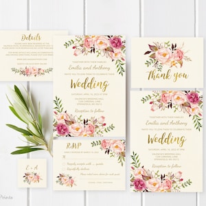 Ivory Wedding Invitation Template, Boho Chic Wedding Invite Suite, Gold Foil Wedding Invitation, Blush Pink Wedding Invite, Templett, #A009