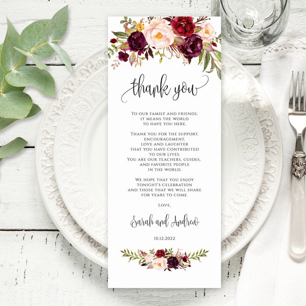 Floral Wedding Thank You Place Card, Wedding Table Thank You Card Template, Burgundy, Marsala, Blush, Templett, A047