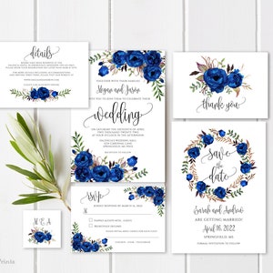 Royal Blue Wedding Invitation Template, Blue Wedding Invitation, Boho Chic Wedding Invitation, Floral Wedding Invitation, Templett, #A043