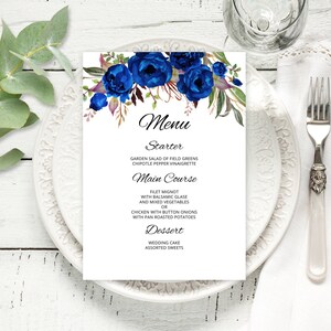 Modèle de menu de mariage, menu de mariage bleu royal, carte de menu de mariage floral bleu, menu de mariage imprimable, Boho Chic, Templett, # A016