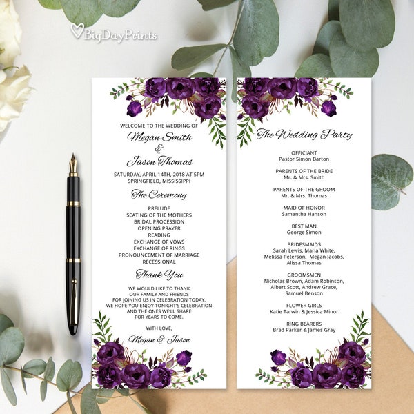 Wedding Program Template, Ceremony Program Printable, Eggplant Wedding Program Printable, Boho Chic, Templett, #A039