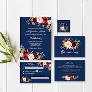 Navy and Silver Wedding Invitation Template, Silver Navy Wedding Invitation Suite, Burgundy Navy Wedding Invitation Set, Templett, #A034