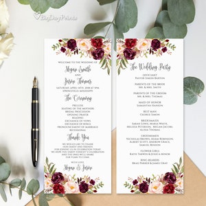 Plantilla de programa de bodas de Borgoña, programa de ceremonias imprimible, programa de bodas floral Boho Chic, programa de bodas Marsala, Templett, #A047