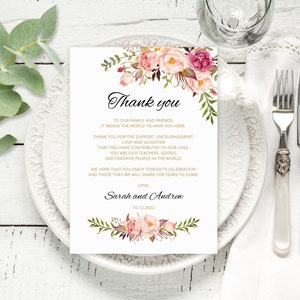 Floral Wedding Thank You Place Card, Wedding Table Thank You, Thank You Place Setting, Templett, A008 image 1