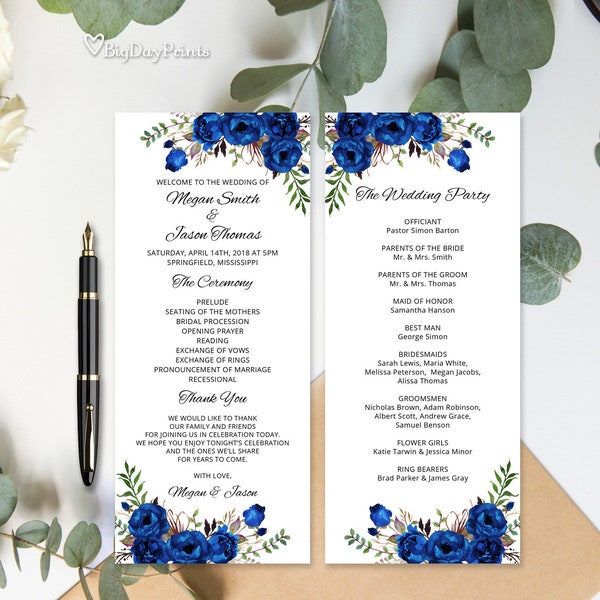 Royal Blue Wedding Program Template, Royal Blue Ceremony Program Printable, Floral Boho Chic Wedding Program,  Templett, #A016