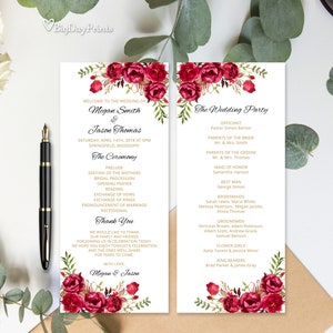 Red Wedding Program Template, Ceremony Program Printable, Floral Boho Chic Wedding Program, Templett, #A015