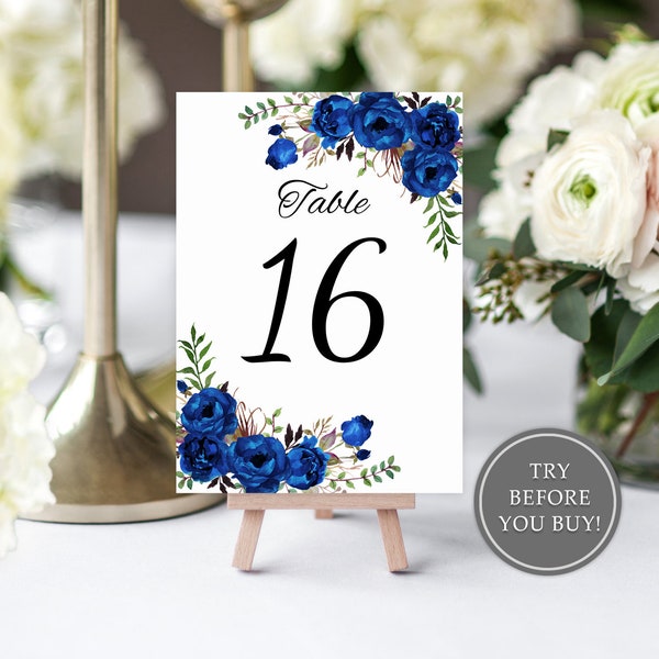 Royalblaue Hochzeit Tischnummern, Florale Tischnummern, druckbare Hochzeit Tischnummern, Instant Download, Templett, A016