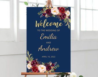 Navy Gold Wedding Welcome Sign, Burgundy Wedding Welcome Sign, Wedding Reception Sign Template, Templett, #A066