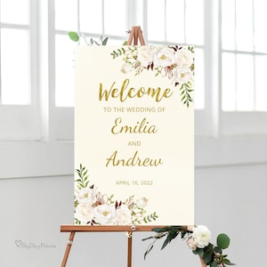 Ivory Wedding Welcome Sign, Printable Wedding Reception Sign Template, Ivory, White Flowers, Gold, Templett, #A055