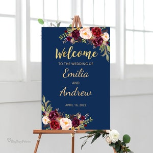 Navy Gold Wedding Welcome Sign, Burgundy Wedding Welcome Sign, Wedding Reception Sign Template, Templett, #A066
