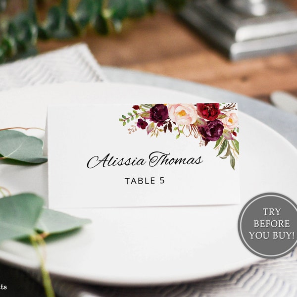 Place Card Template, Printable Place Card, Seating Cards, Table Numbers, Burgundy Place Cards, Instant Download, Templett, A023