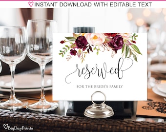 Reserved Sign, Wedding Reserved Table Sign, Reserved Card, Printable Reserved Sign, Burgundy, Marsala, #A047, INSTANT DOWNLOAD, Editable PDF