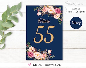 Wedding Table Numbers, Floral Navy Table Numbers, Printable Wedding Table Numbers, 4"x6", 10x15 cm, Instant Download, #A011