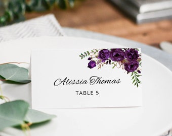 Eggplant Wedding Place Card Template, Purple Place Card, Seating Cards, Wedding Escort Cards, Templett, #A039