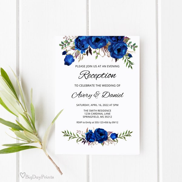 Royal Blue Wedding Reception Invitation Template, Boho Chic Wedding Invitation, Royal Blue Reception Invitation, Templett, A016