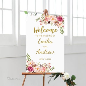 Blush and Gold Wedding Welcome Sign Template, Printable Wedding Reception Sign, Floral Wedding Signage, Templett, #A010