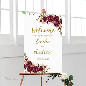 Burgundy Wedding Welcome Sign Template, Wine Wedding Welcome Sign, Marsala Wedding, Templett, #A071