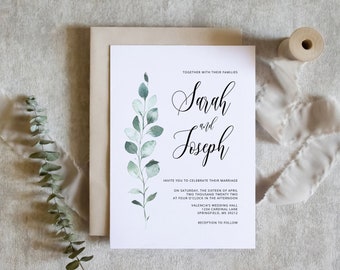 May include: Wedding invitation with a watercolor illustration of green leaves. The invitation reads "Together with their families, Sarah and Joseph invite you to celebrate their marriage on Saturday, the sixteen of April, two thousand twenty two at four o'clock in the afternoon at Valenica's Wedding Hall, 1234 Cardinal Lane, Springfield, MO 39112. Reception to follow."