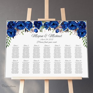 Royal Blue Wedding Seating Chart Template, Boho Chic Floral Wedding Table Plan, Royal Blue Wedding Seating Plan, Templett, #A016