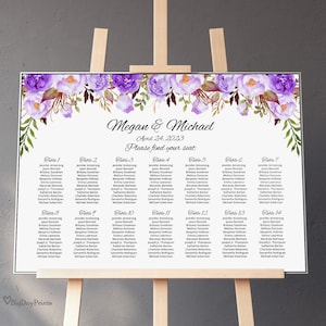 Purple Wedding Seating Chart Template, Purple Boho Chic Floral Wedding Table Plan, Seating Plan, Templett, #A020
