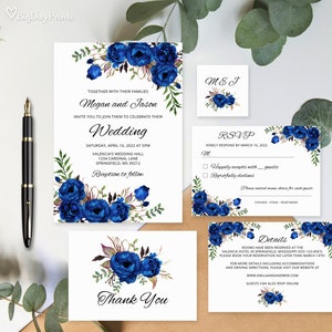 Royal Blue Wedding Invitation Template, Boho Chic Wedding Invitation Suite, Blue Wedding Invitation Set, Templett, A016