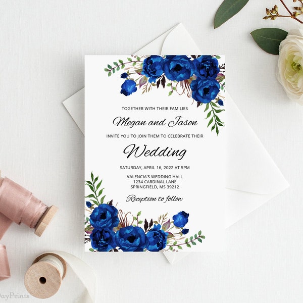 Blue Wedding Invitation Template, Boho Chic Wedding Invitation, Royal Blue Invitation, Templett, A016